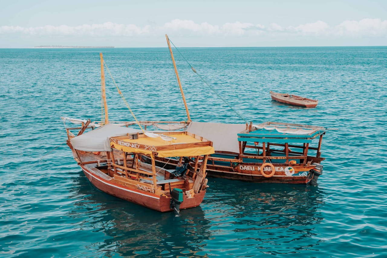 Enjoy the serene view of traditional dhows sailing in the turquoise Zanzibar sea.